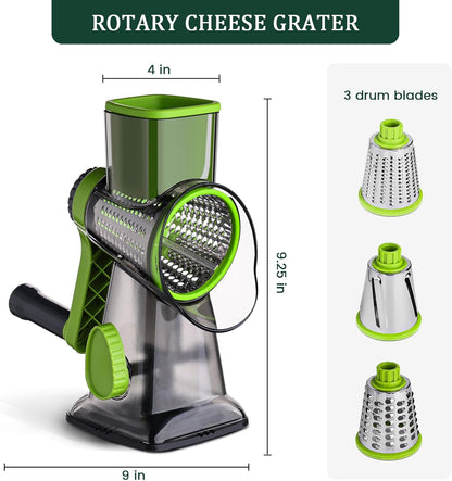 HANSGO Rotary Cheese Grater Hand Crank, Shredder Slicer Grinder, 3 Large Diameter Metal Blades & Cleaning Brush, Non-slip Suction Base, Labor-Saving Handle, Kitchen Gadgets for Cheese, Vegetable, Nuts