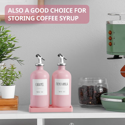 Olive Oil Dispenser Bottle for Kitchen, 16oz Glass Oil and Vinegar Dispenser Set with Wood Tray & 54 Labels - White Cooking Oil Bottles for Kitchen - Coffee Syrup Dispenser - Set of 2