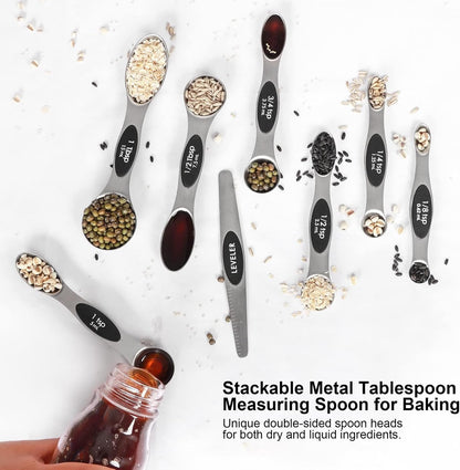 Magnetic Measuring Spoons Set Stainless Steel with Leveler, 8pcs Multicolors Measuring Cups Set for Baking, Measuring Cups and Spoon Set Kitchen Gadgets Apartment Essentials Fits in Spice Jars