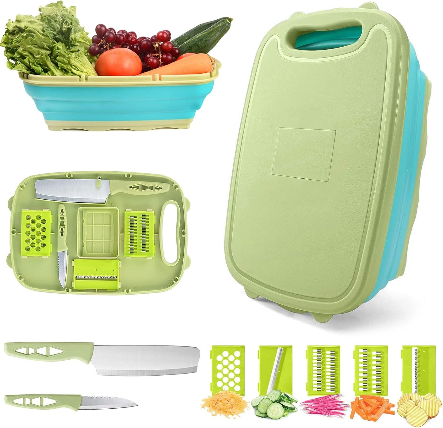 HI NINGER Collapsible Cutting Board with Colander, 9-In-1 Multi Chopping Board Kitchen Vegetable Washing Basket for Camping Gifts Camping Accessories for RV Campers