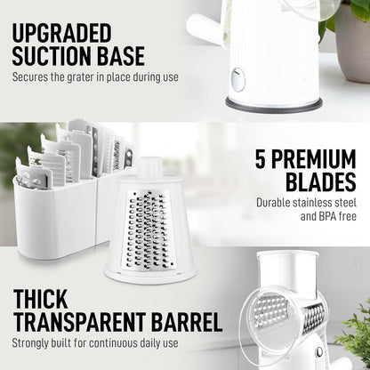 Zulay Kitchen Rotary Cheese Grater 5 Blade Cheese Shredder - Manual Hand Crank Cheese Grater With Reinforced Suction & 5 Interchangeable Drums - Easy to Use, Vegetable Chopper Round Mandoline Slicer - Colors A