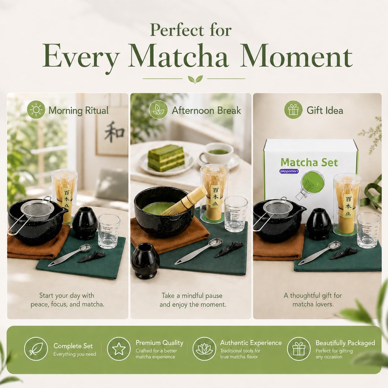 Matcha Tea Set – Traditional Japanese Matcha Kit with Bamboo Whisk (Chasen), Bowl (Chawan), Scoop (Chashaku) & Holder – Premium Matcha Starter Set for Beginners & Tea Lovers