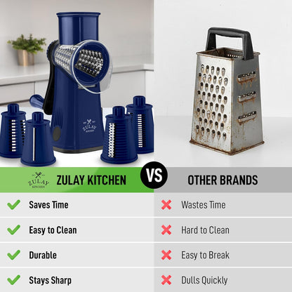 Zulay Kitchen Rotary Cheese Grater 5 Blade Cheese Shredder - Manual Hand Crank Cheese Grater With Reinforced Suction & 5 Interchangeable Drums - Easy to Use, Vegetable Chopper Round Mandoline Slicer - Colors B