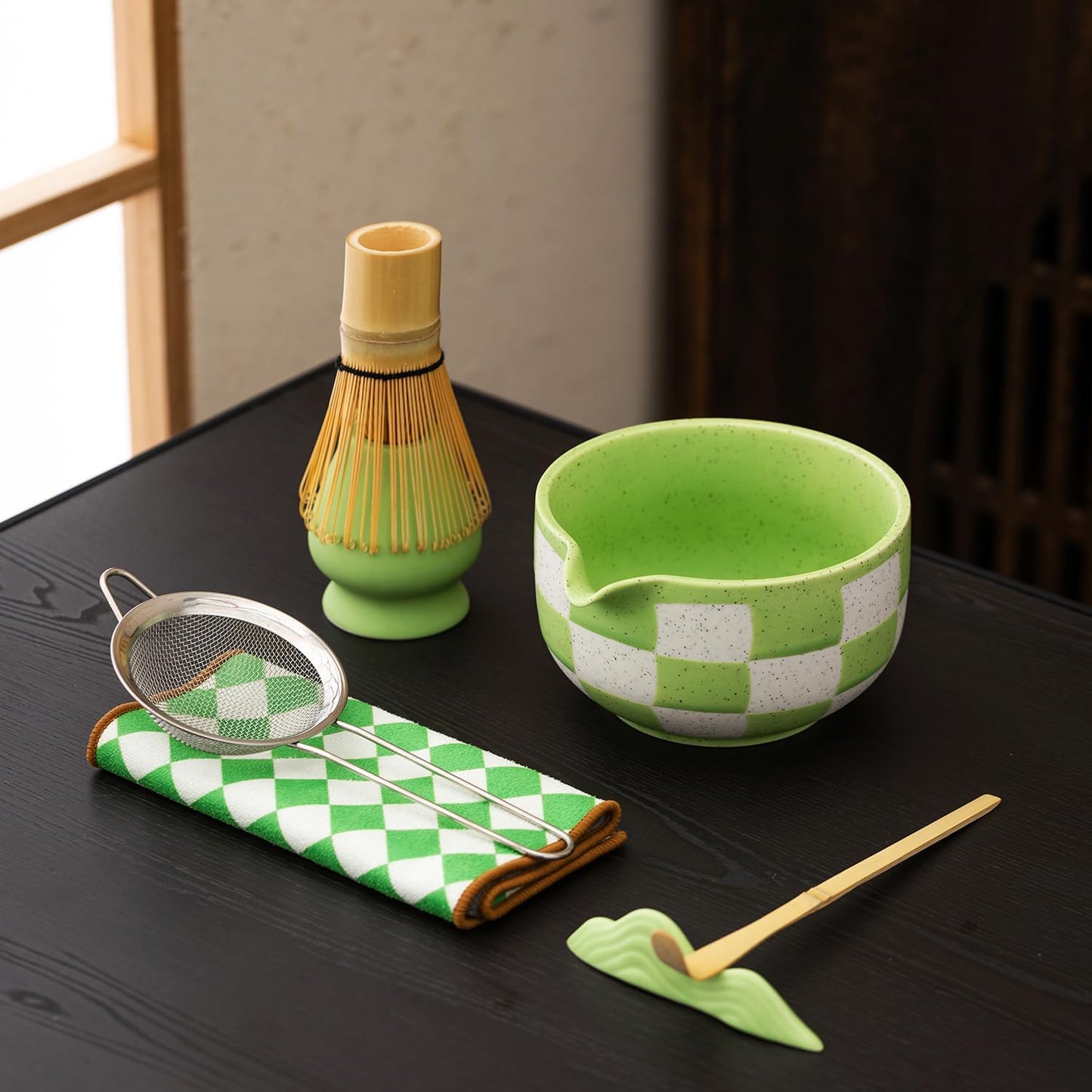 Premium 7-Piece Matcha Tea Set – Traditional Japanese Style with Elegant Grid Pattern, Includes Bamboo Whisk, Ceramic Bowl, Scoop & More – Perfect for Matcha Lovers & Tea Ceremony (Orange grid)