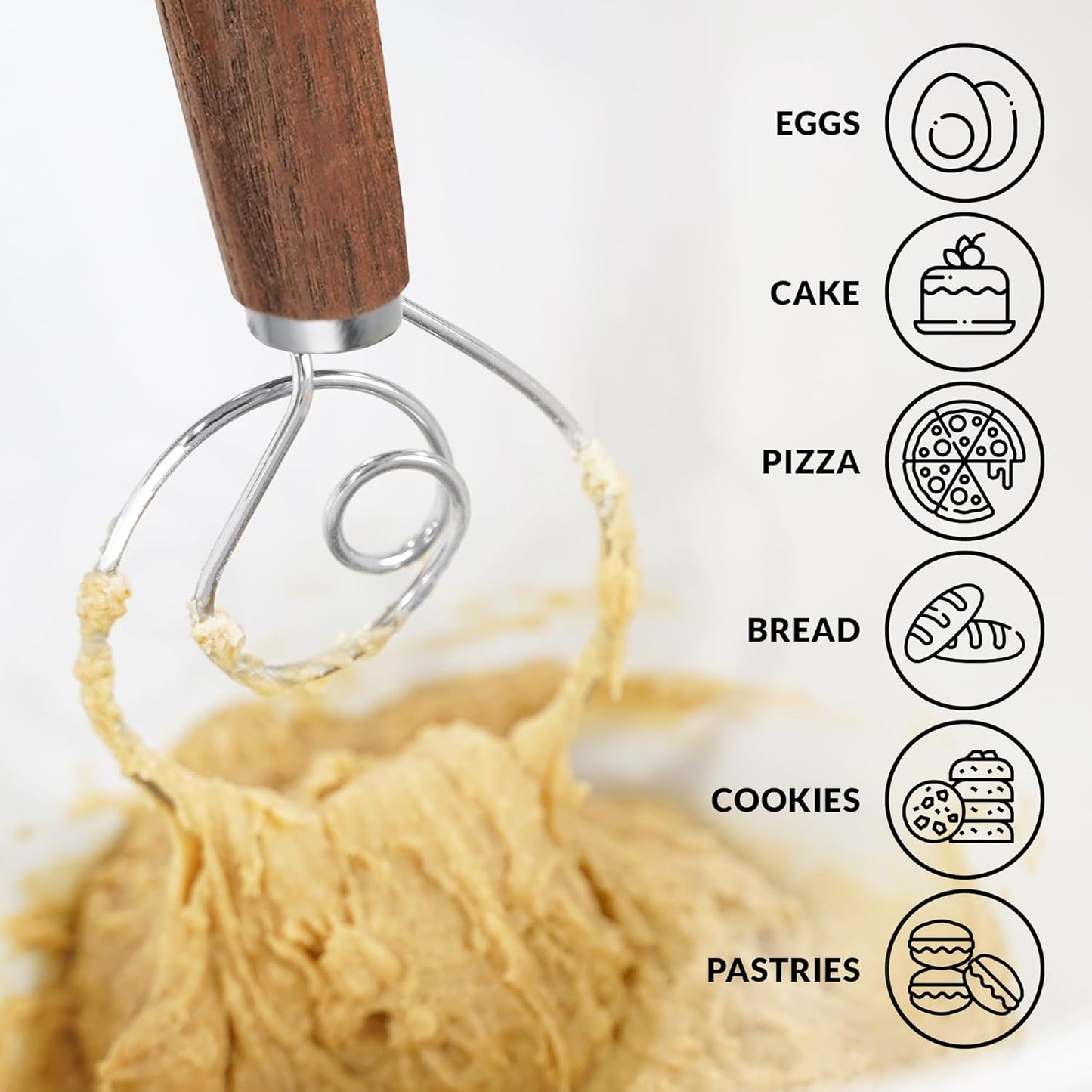Zulay Kitchen 13-Inch Danish Dough Whisk - Stainless Steel Wooden Whisk with Dough Hook - Sourdough Whisk for Bread, Pizza, Pastry, Cake Batter & More - Wood