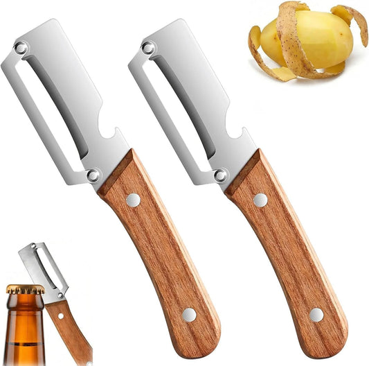2Pcs Multifunctional Vegetable Peeler with Wooden Handle, 2-in-1 Stainless Steel Vegetable Peeler with Built-in Bottle Opener for Kitchen, Hand Held Peeler Slicer Kitchen Tool for Fruit and Vegetable
