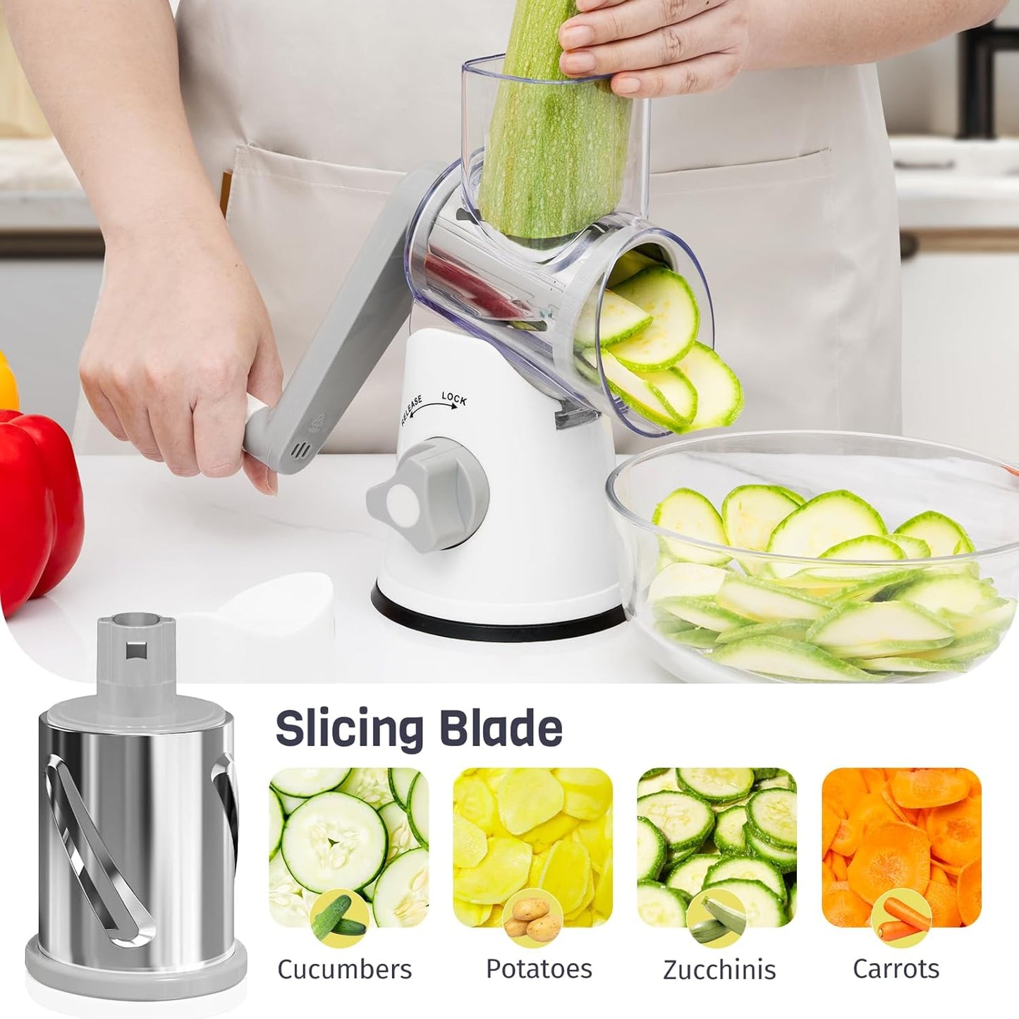 Cheese Grater Hand Crank, Rotary Cheese Shredder with 3 Interchangeable Blades for Coarse, Fine Shredding and Slicing, Strong Suction Base for Pizza, Pasta, Salad, Vegetables, Nuts, Chocolate