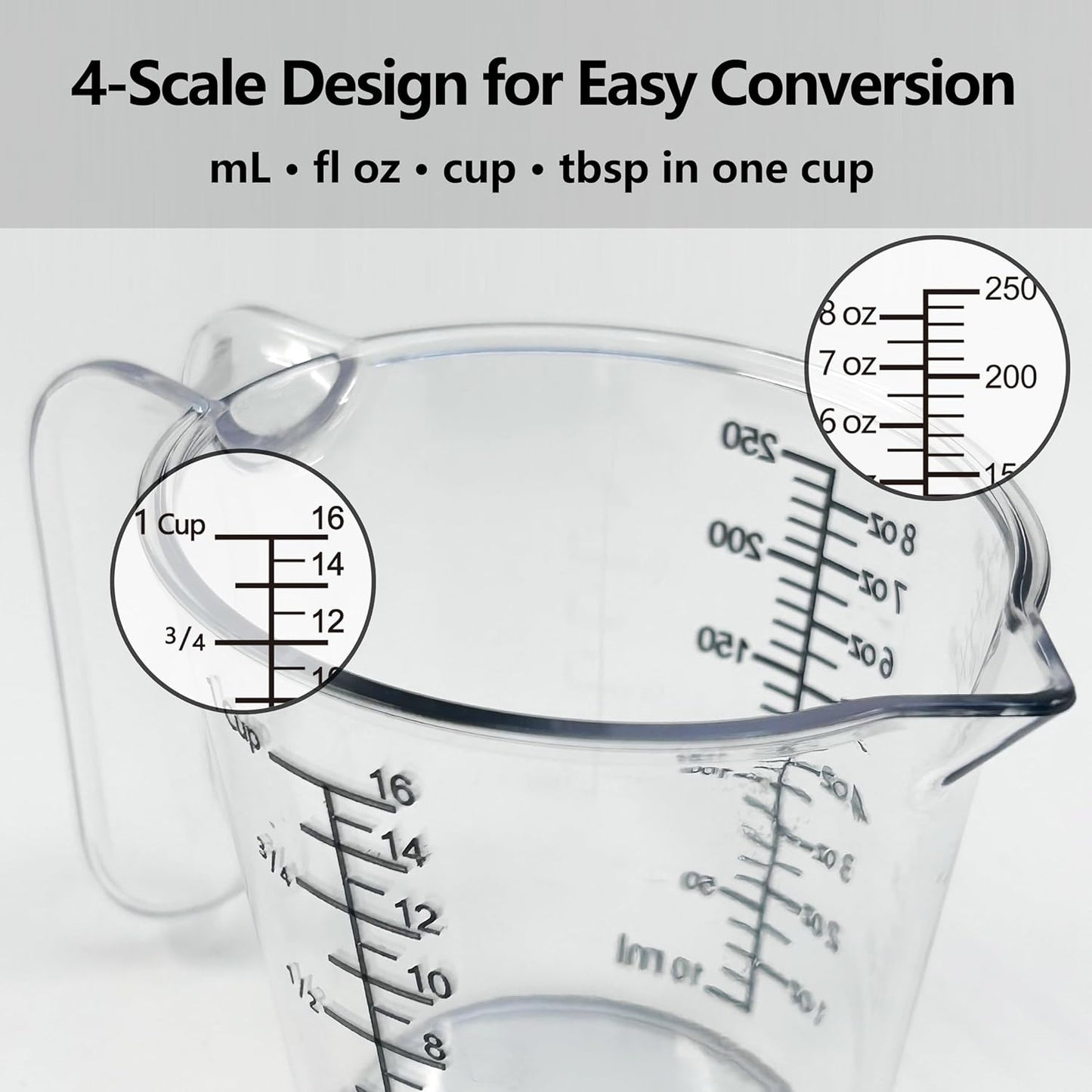 Laser-Etched Measuring Cup Set, 8 oz & 16 oz Clear Plastic Liquid Measuring Cups, Permanent oz/cup/Tbsp/mL Markings, Food-Grade for Baking & Cooking