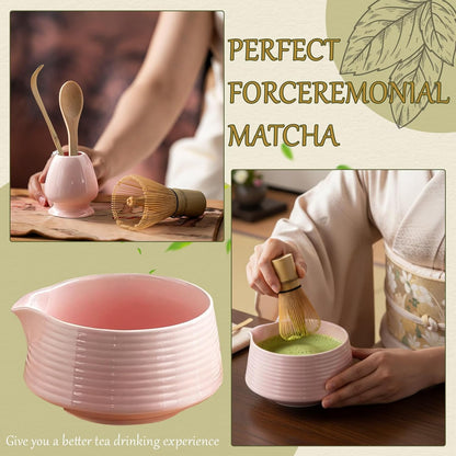 8 Pcs Matcha Whisk Set Chasen Matcha Whisk Bamboo Bowl with Spout Sifter Spoon Scoop Whisk Holder Bamboo Mat Complete Matcha Making Kit (Red Petal)