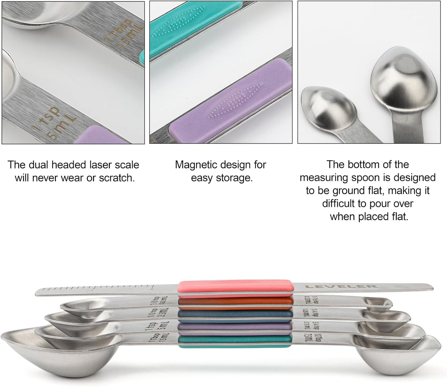 Magnetic Measuring Spoons Set Stainless Steel Double Sided Measuring Spoons with 1 Leveler Measuring Teaspoon Tablespoon for Dry and Liquid Ingredients (5, Black)