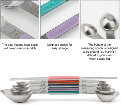 Magnetic Measuring Spoons Set Stainless Steel Double Sided Measuring Spoons with 1 Leveler Measuring Teaspoon Tablespoon for Dry and Liquid Ingredients (5, Black)
