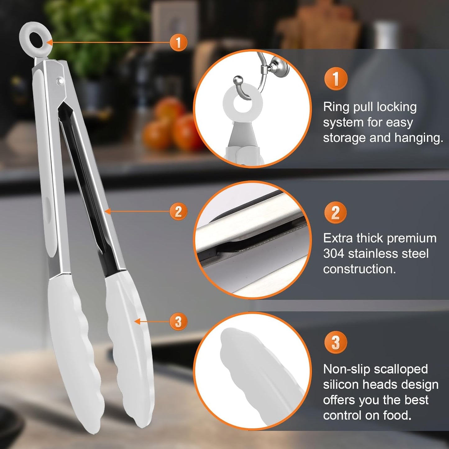 2 Pack Black Premium Stainless Steel Heat Resistant Kitchen Tongs for cooking,set of 9" and 12",Non Scratch Silicone cooking Tong Tip for Cooking Pans,Strong Grip BBQ tongs for Grabbing Hot Food