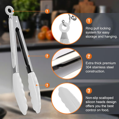 2 Pack Black Premium Stainless Steel Heat Resistant Kitchen Tongs for cooking,set of 9" and 12",Non Scratch Silicone cooking Tong Tip for Cooking Pans,Strong Grip BBQ tongs for Grabbing Hot Food