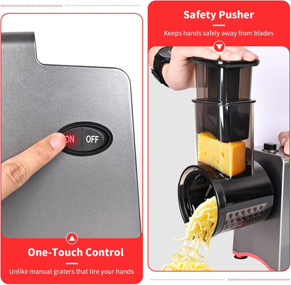Electric Cheese Grater, 250W Electric Professional Salad Maker & Vegetable Slicer Shredder, 7-in-1 Electric Food Graters Machine with Widened Feeding Port for Block Cheese, Vegetables & Fruits