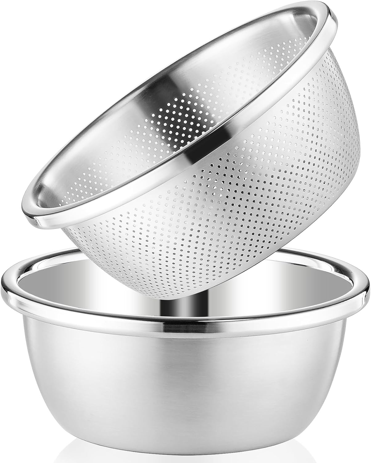304 Stainless Steel Colander 5QT Microporous Colander & Large Bowl for Kitchen,Rice Strainer with Salad Mixing Bowl for Pasta Straining,Fruit Washing,Vegetable Draining,Food Mixing(2PCs)