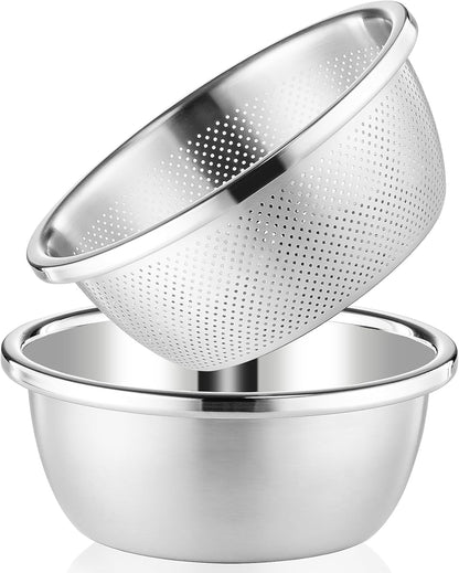 304 Stainless Steel Colander 5QT Microporous Colander & Large Bowl for Kitchen,Rice Strainer with Salad Mixing Bowl for Pasta Straining,Fruit Washing,Vegetable Draining,Food Mixing(2PCs)
