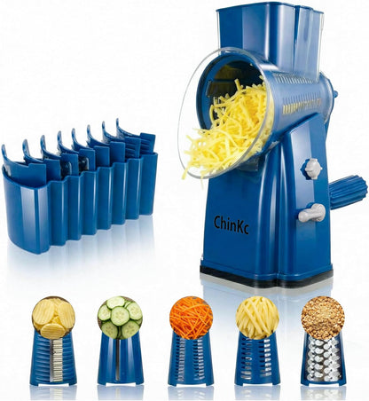 Upgrade Rotary Cheese Grater Shredder with Handle, Strong Suction Base, Multi-purpose Rotary Grater Slicer with 5 Interchangeable Blades for Ice, Vegetables, Fruit, Nuts with Blade Storage Box