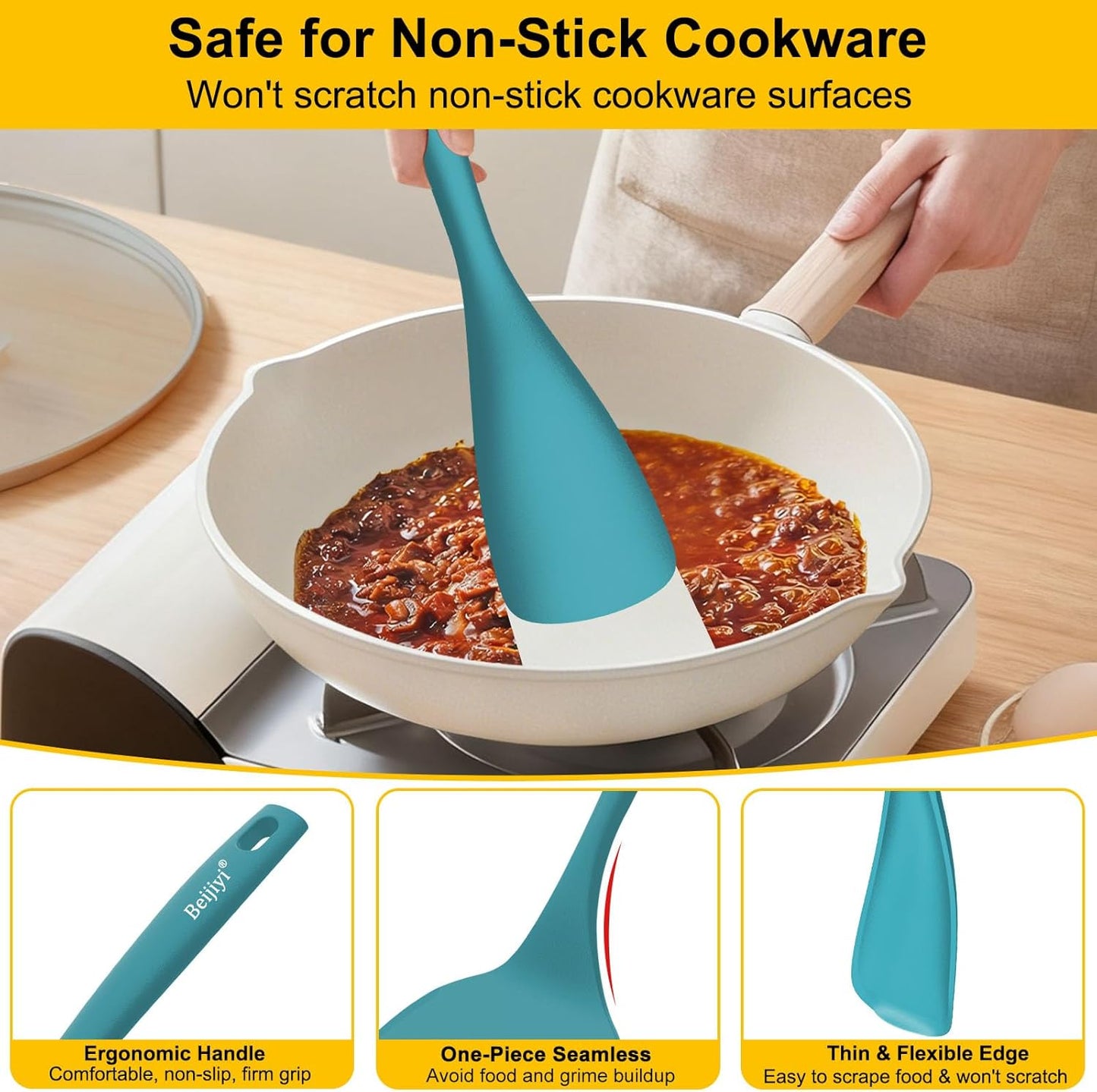 Beijiyi Silicone Spatula Set of 4, 600°F Heat Resistant, BPA Free Kitchen Spatula and Spoons for Nonstick Cookware, Solid & Slotted Turner Cooking Utensils for Serving, Flipping Egg, Pancakes (Khaki)