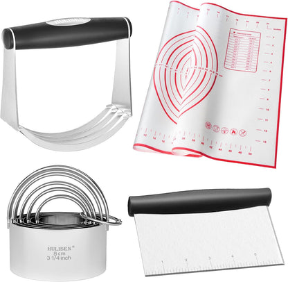 HULISEN Stainless Steel Biscuit Cutter Set, Pastry Scraper and Dough Blender, Sturdy & Long-Lasting with Ergonomic Rubber Grip, Professional Baking Dough Tools, Gift Package (3 Pcs/Set)