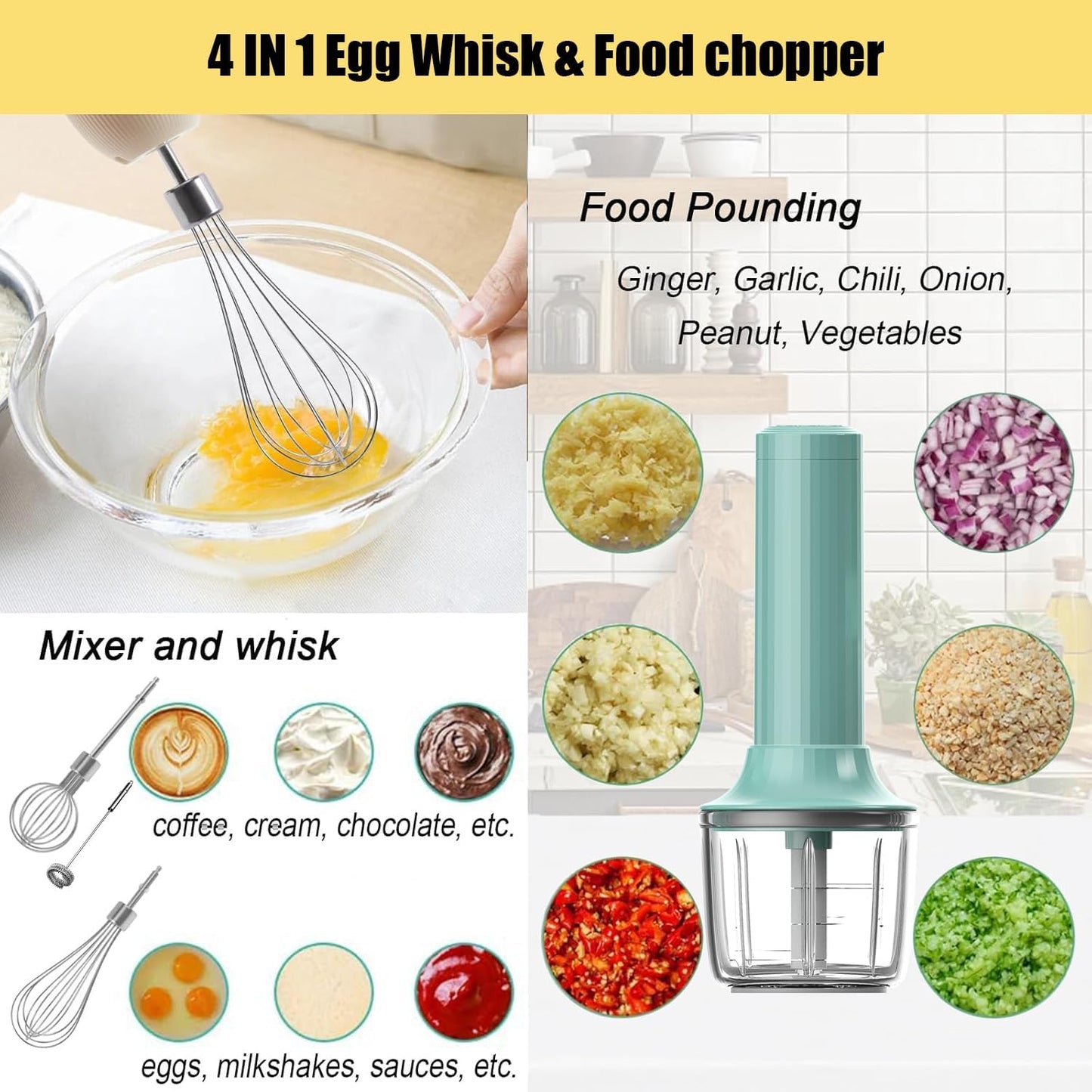 Cordless Hand Mixer MixgoII, Handheld Mixer Electric Whisk & Milk Frother, Hand Held Mini Mixers, Rechargeable Hand Mixer and Whisker, Food Processor for Cooking, Food Chopper, 4-Speed, 10Oz