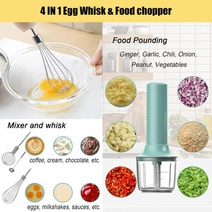 Cordless Hand Mixer MixgoII, Handheld Mixer Electric Whisk & Milk Frother, Hand Held Mini Mixers, Rechargeable Hand Mixer and Whisker, Food Processor for Cooking, Food Chopper, 4-Speed, 10Oz