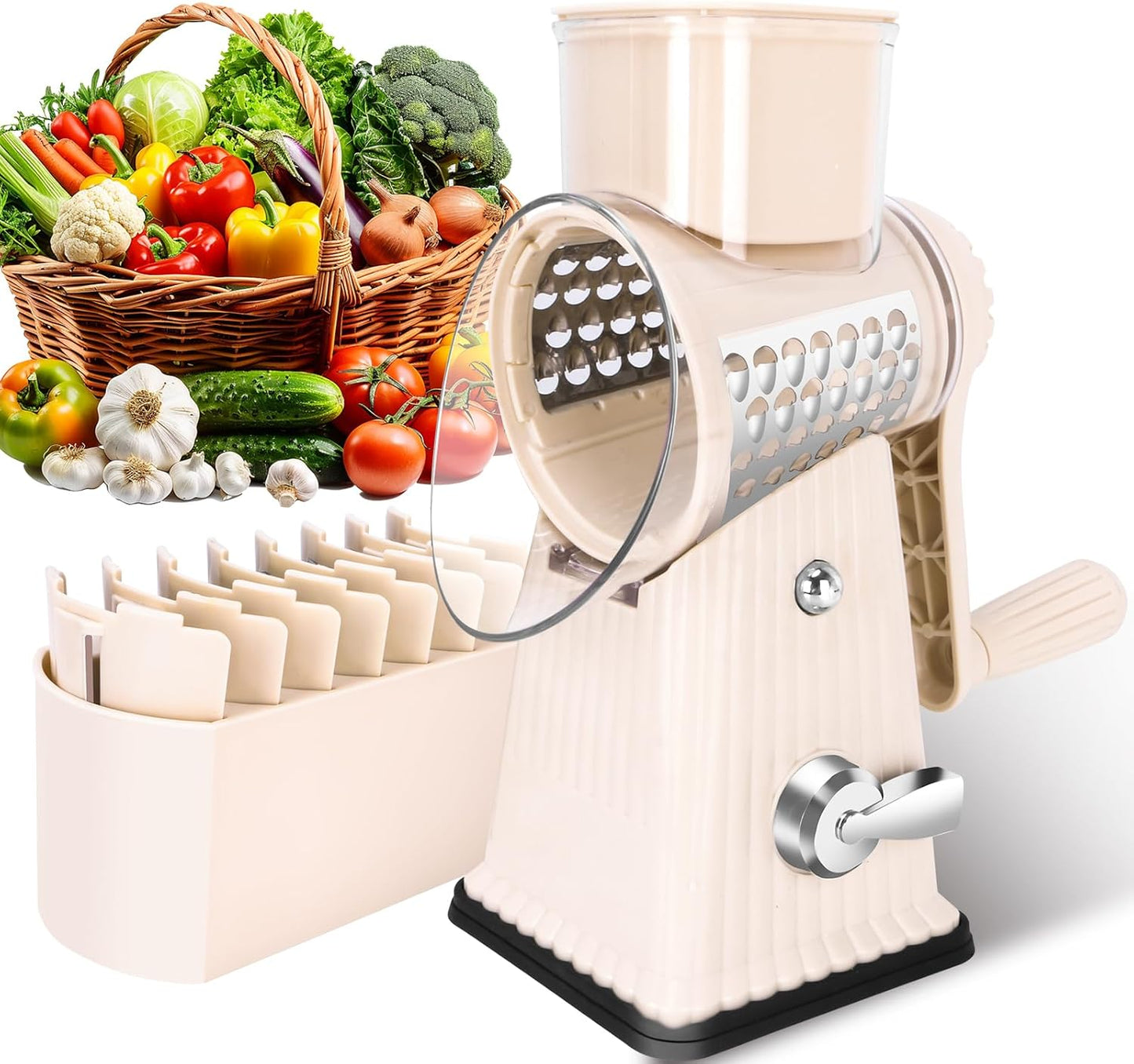 Rotary Cheese Grater with 5 Well-designed Blades & Strong Suction Base, Kitchen Mandoline Vegetable Slicer with Blade Storage Box (GREEN)