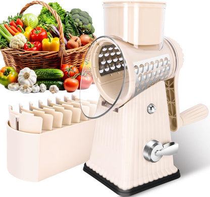 Rotary Cheese Grater with 5 Well-designed Blades & Strong Suction Base, Kitchen Mandoline Vegetable Slicer with Blade Storage Box (GREEN)