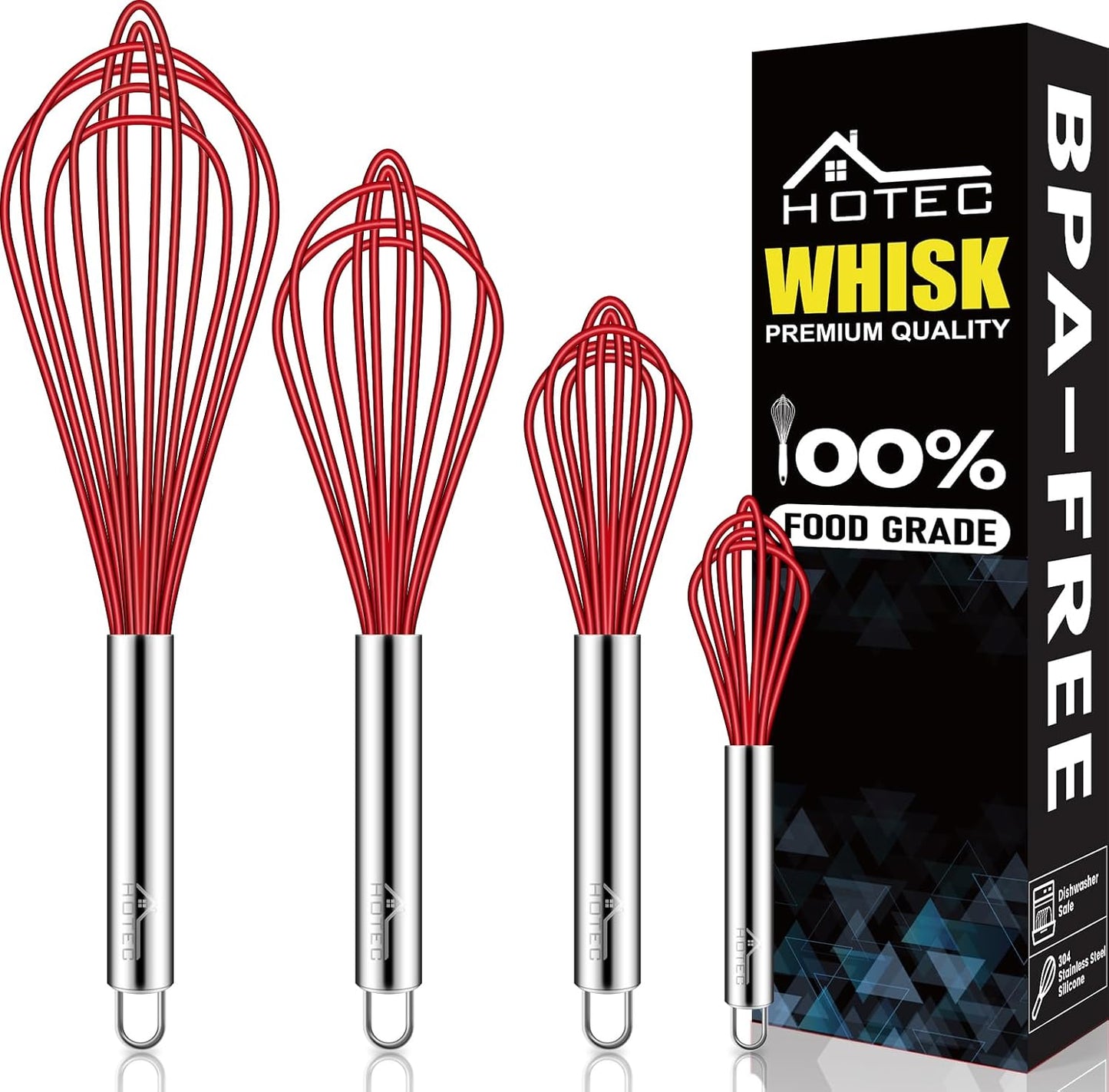 HOTEC 4 Pieces Silicone Whisks Set, Wire Balloon Whisks for cooking Egg Beater, Non-slip Handle Whisk for Non-stick Cookware Perfect for Cooking, Stirring, Beating and Blending (Multicolor)