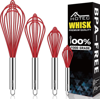 HOTEC 4 Pieces Silicone Whisks Set, Wire Balloon Whisks for cooking Egg Beater, Non-slip Handle Whisk for Non-stick Cookware Perfect for Cooking, Stirring, Beating and Blending (Multicolor)