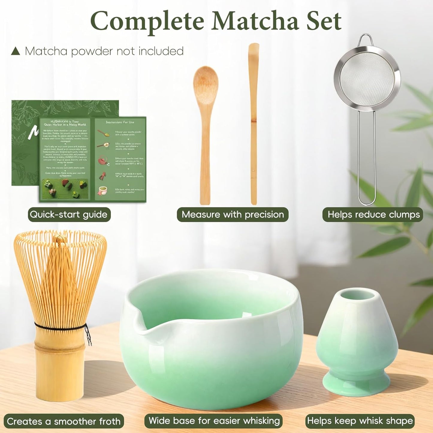 Matcha Whisk Set, Ceramic Matcha Set Includes Bowl & Holder, Bamboo Whisk (Chasen), Scoop, Spoon and Sifter, 6PCS Matcha Kit Covers Everything Needed for Making Matcha (Green)