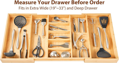 Umilife Large Expandable Kitchen Silverware Utensils Drawer Organizer, 2.5" Extra High Adjustable Drawer Divider with Curved Grooves, Bamboo Wood Cutlery Tray Flatware Holder