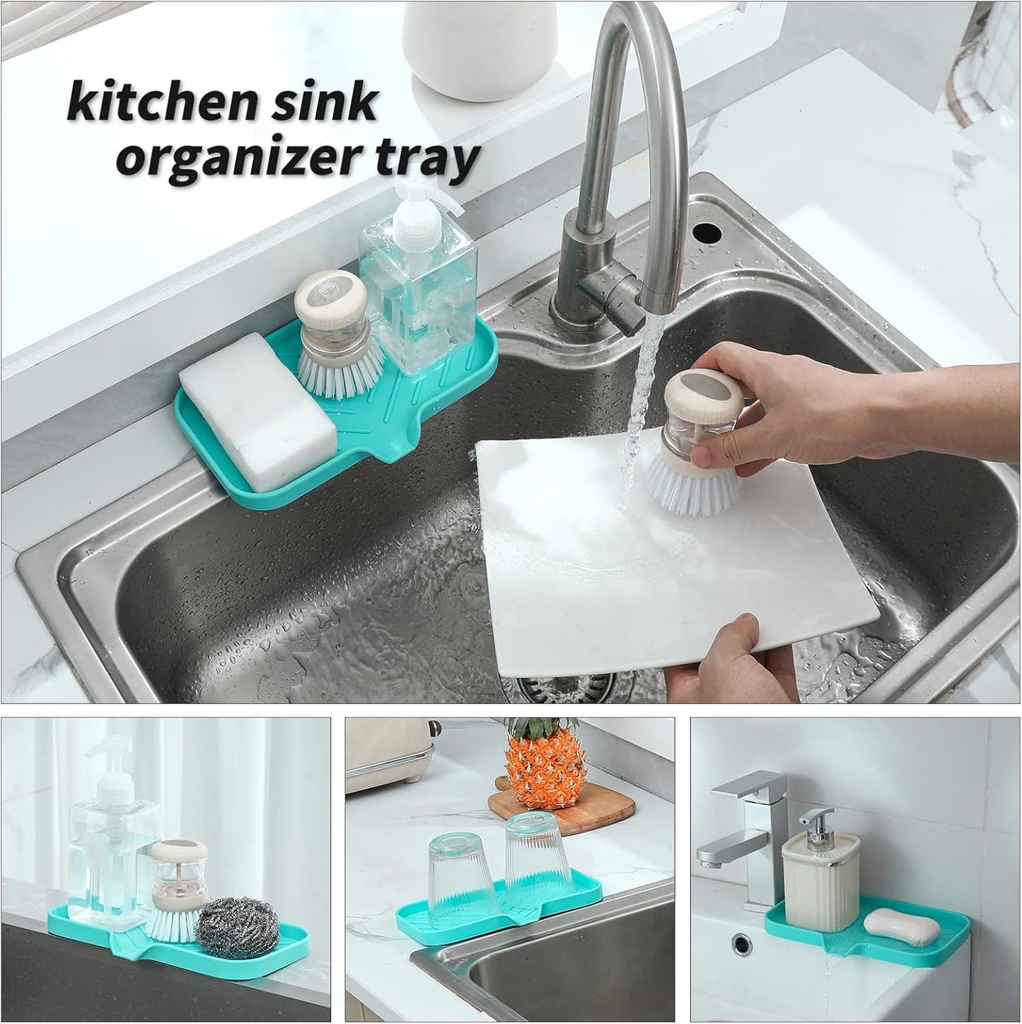 MicoYang Silicone Soap Dish with Drain Spout, Self-Draining Sink Organizer Tray for Bathroom and Kitchen, Sponges, Dispensers and Soap Holder, Non-Slip and Dishwasher Safe, Black (Compact, 4.9"×3.2")