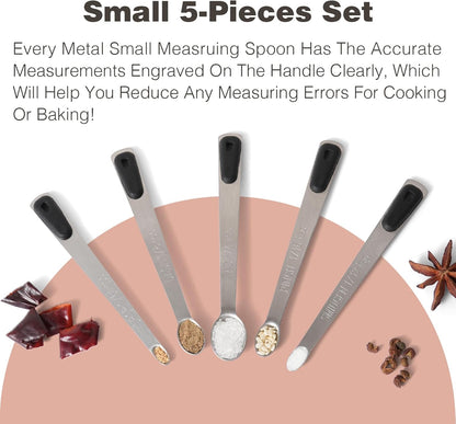 Mini Measuring Spoons Set, Tiny Stainless Steel Measure Teaspoons with Black Silicone Handle, Suitable for Small Amount of Dry or Liquid Ingredients and Spices (1/64, 1/32, 1/16, 1/8, 1/4 tsp)