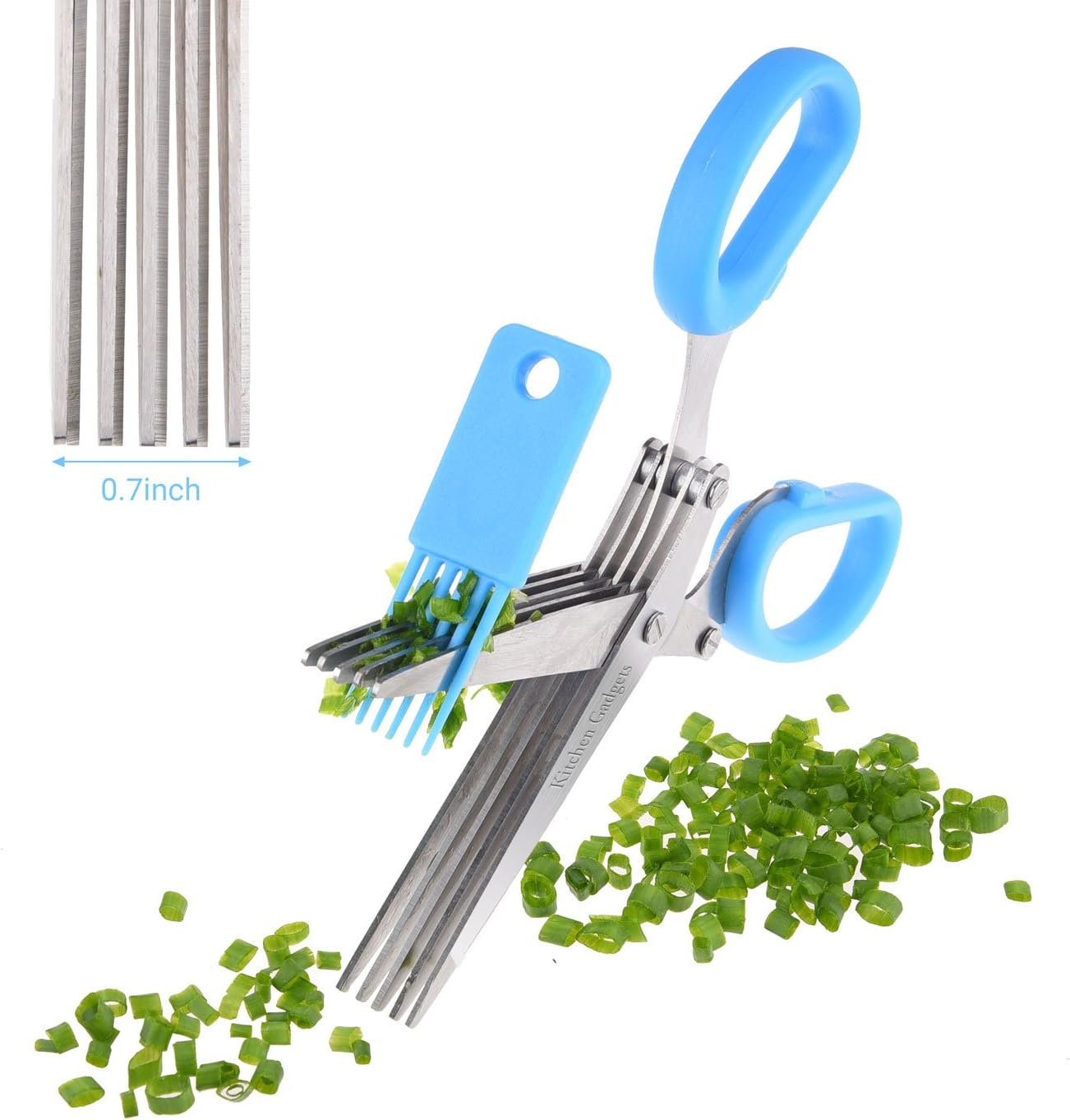 Herb Scissors - with Kitchen Gadgets Retail Package - Multipurpose Kitchen Shears - 5 Extremely Sharp Stainless Steel Blades - Handy Cleaning Comb - Multi Blade - Time-Saving - Chop Herbs
