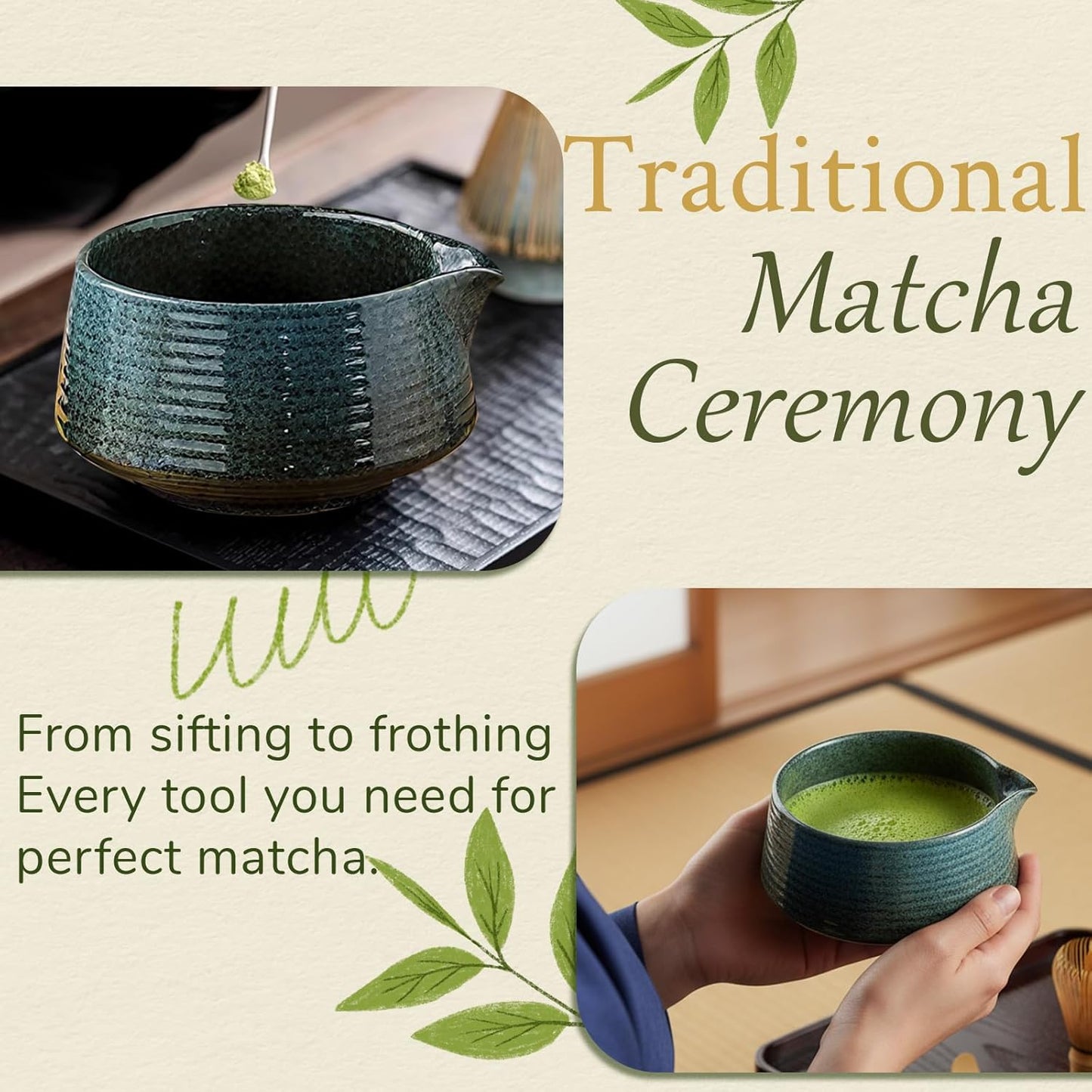 8 Pcs Matcha Whisk Set Chasen Matcha Whisk Bamboo Bowl with Spout Sifter Spoon Scoop Whisk Holder Bamboo Mat Complete Matcha Making Kit (Red Petal)