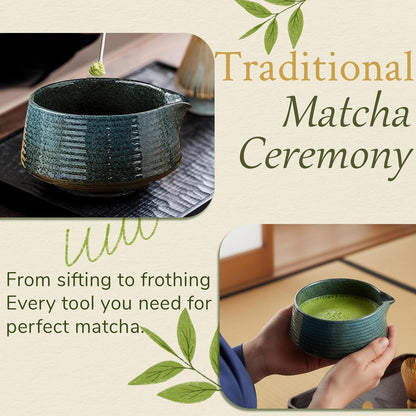 8 Pcs Matcha Whisk Set Chasen Matcha Whisk Bamboo Bowl with Spout Sifter Spoon Scoop Whisk Holder Bamboo Mat Complete Matcha Making Kit (Red Petal)