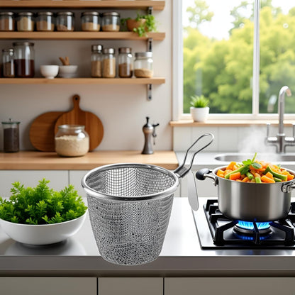 Stainless Steel Pasta Basket, Mesh Spider Food Dumpling Noodle Strainer, Fine Mesh Strainer with Handle