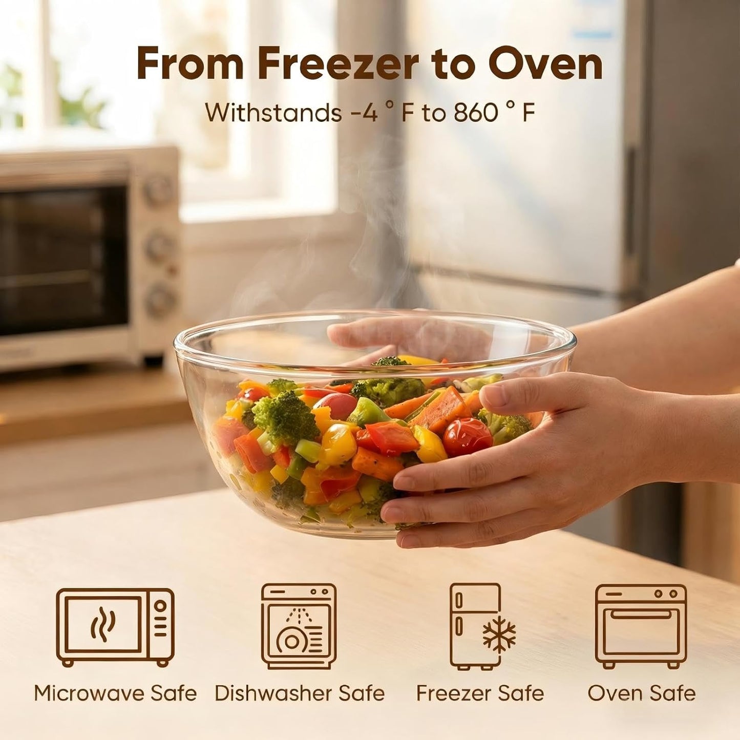 Borosilicate Glass Mixing Bowls, Set of 3 (2.8, 2.2, 1.1QT) - Heavy-Duty, Scratch Resistant & Lead-Free. Oven, Microwave, Dishwasher & Freezer Safe. Ideal for Meal Prep, Baking, Serving.