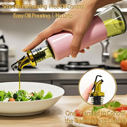 Miao’er Olive Oil Dispenser Bottle for Kitchen Set of 2, Golden Non-Drip & Leakproof Spout, One-handed Hold, With Pink Funnel for Easy Filling, 10OZ/300ML(PINK)