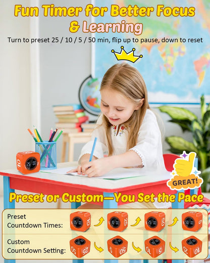 Digital Pomodoro Timer Cube 5/10/25/50min, Visual Productivity Flip Timer for Kids Classroom Desk, Custom Countdown, Silent and Sound Mode for ADHD Study Work Game Kitchen (Orange)