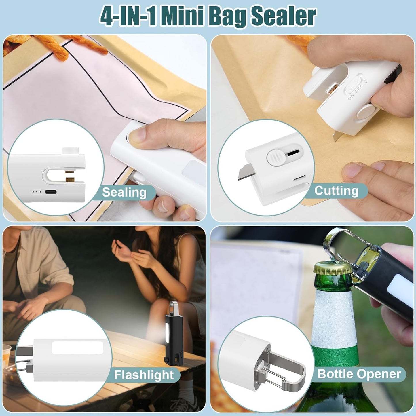 4 in 1 Mini Bag Sealer, Bag Sealer Heat Seal with Cutter, USB C Rechargeable Chip Bag Sealer Heat Seal, Portable Bag Resealer for Plastic Bags Snacks & Food Storage, Pure White