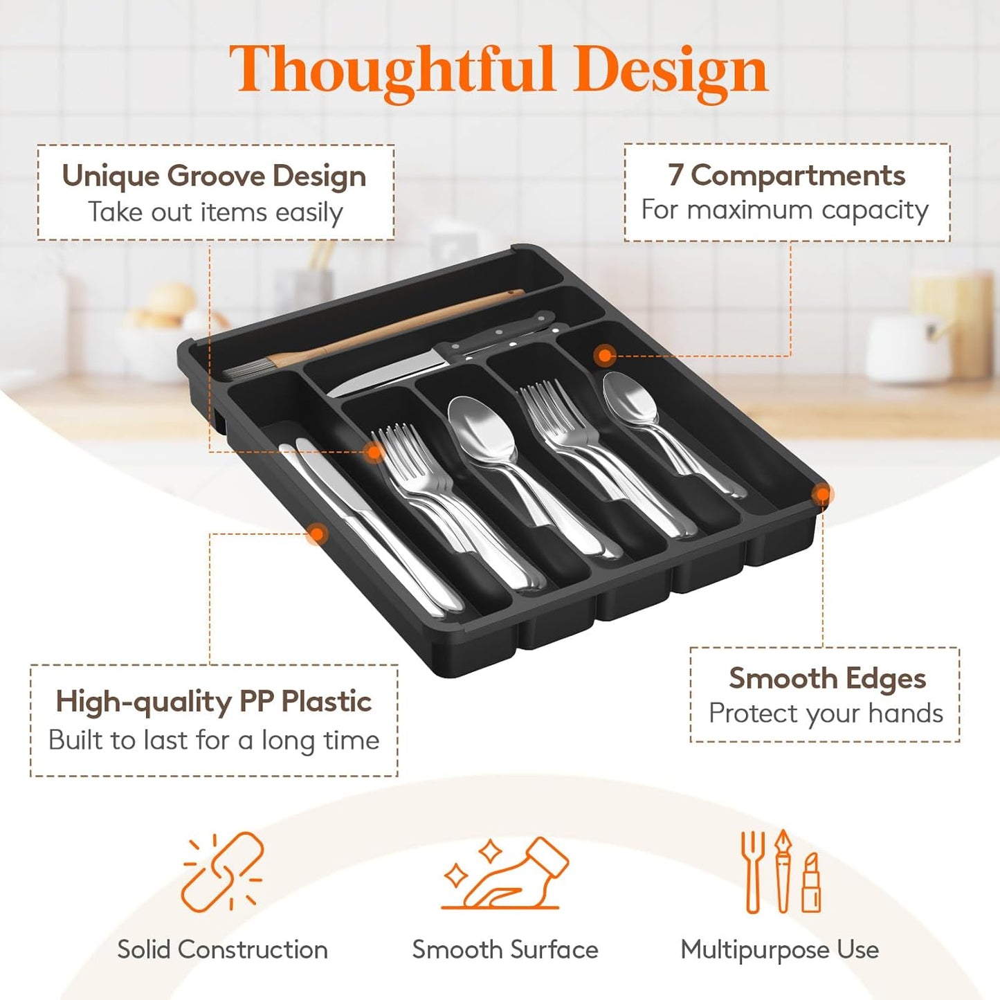 Lifewit Silverware Organizer with Lid, Covered Utensil Tray for Kitchen Drawer and Countertop, Plastic Cutlery and Flatware Storage Box for Spoons Forks Knives Holder Case, 12.6x11.8", Gray