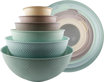 COOK WITH COLOR Mixing Bowls with Lids - 12 Piece Plastic Nesting Bowls Set includes 6 Prep Bowls and 6 Lids, Microwave Safe Mixing Bowl Set, Black Embossed - Colors B