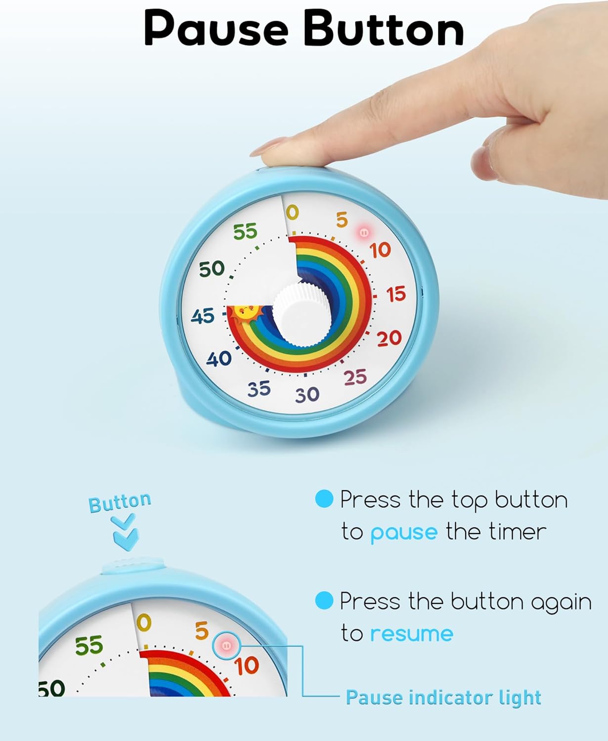 BellMan Visual Timer with Pause Button, 60 Minute Countdown Rainbow Timer for Kids and Adults with Silent Operation, Study and Meetings Time Management Tool, Design for Home, Office and Gift, White