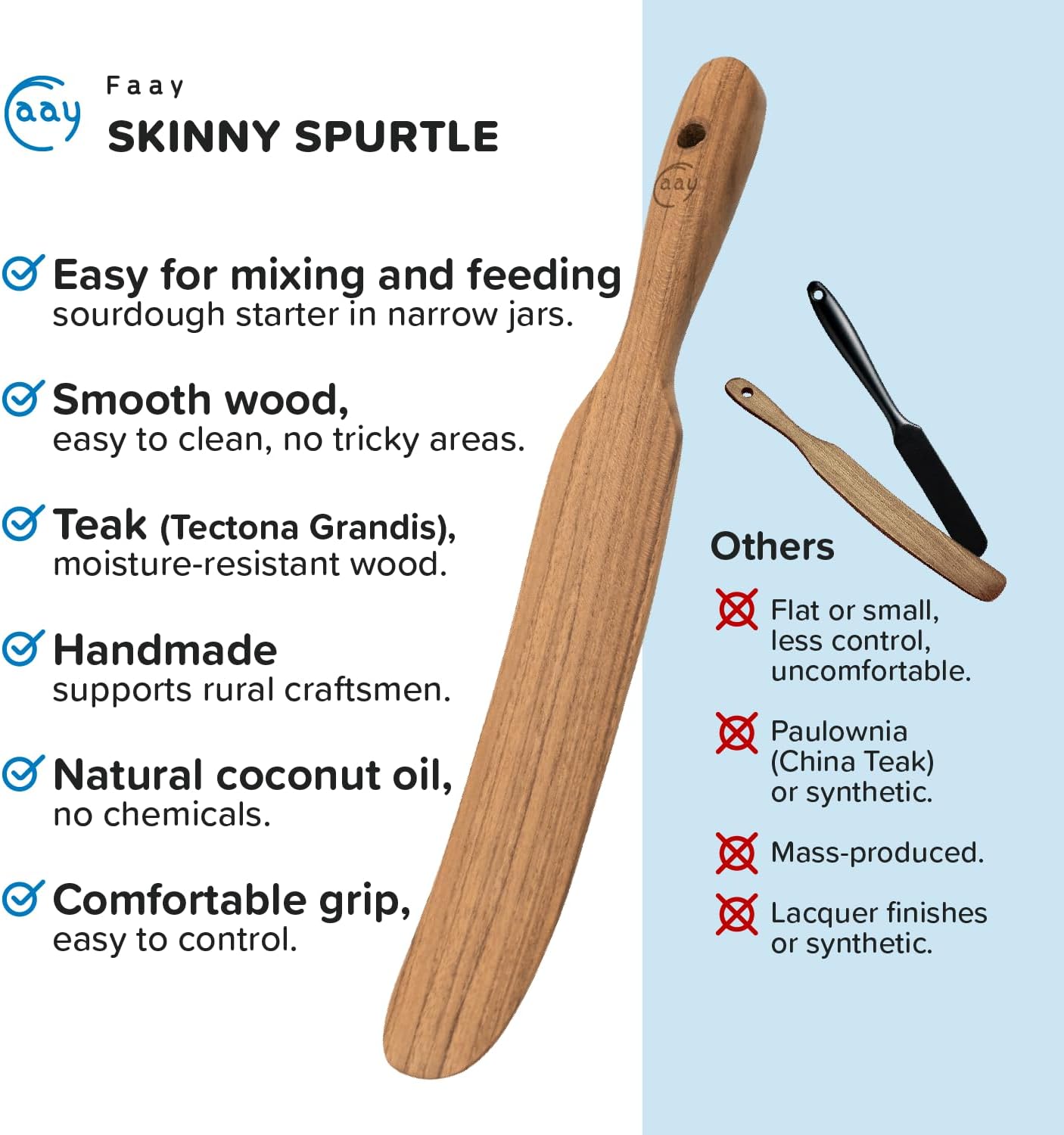 FAAY 13" Dough Whisk, 100% Healthy Teak Kitchen Utensils for Bread Mixing, Sourdough, Batter Preparation, Baking, and Cooking Tools