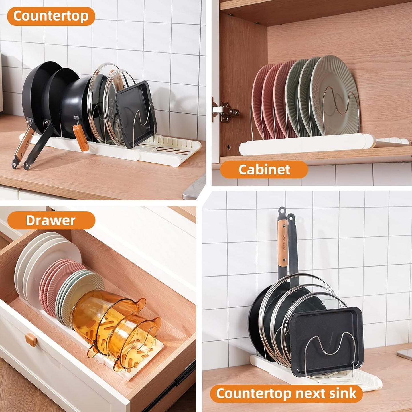 Pot Rack -Expandable Pan Organizer for Cabinet,Pot Lid Holder with 7 Adjustable Compartment for Kitchen Cabinet Cookware Baking Frying Rack,Apricot