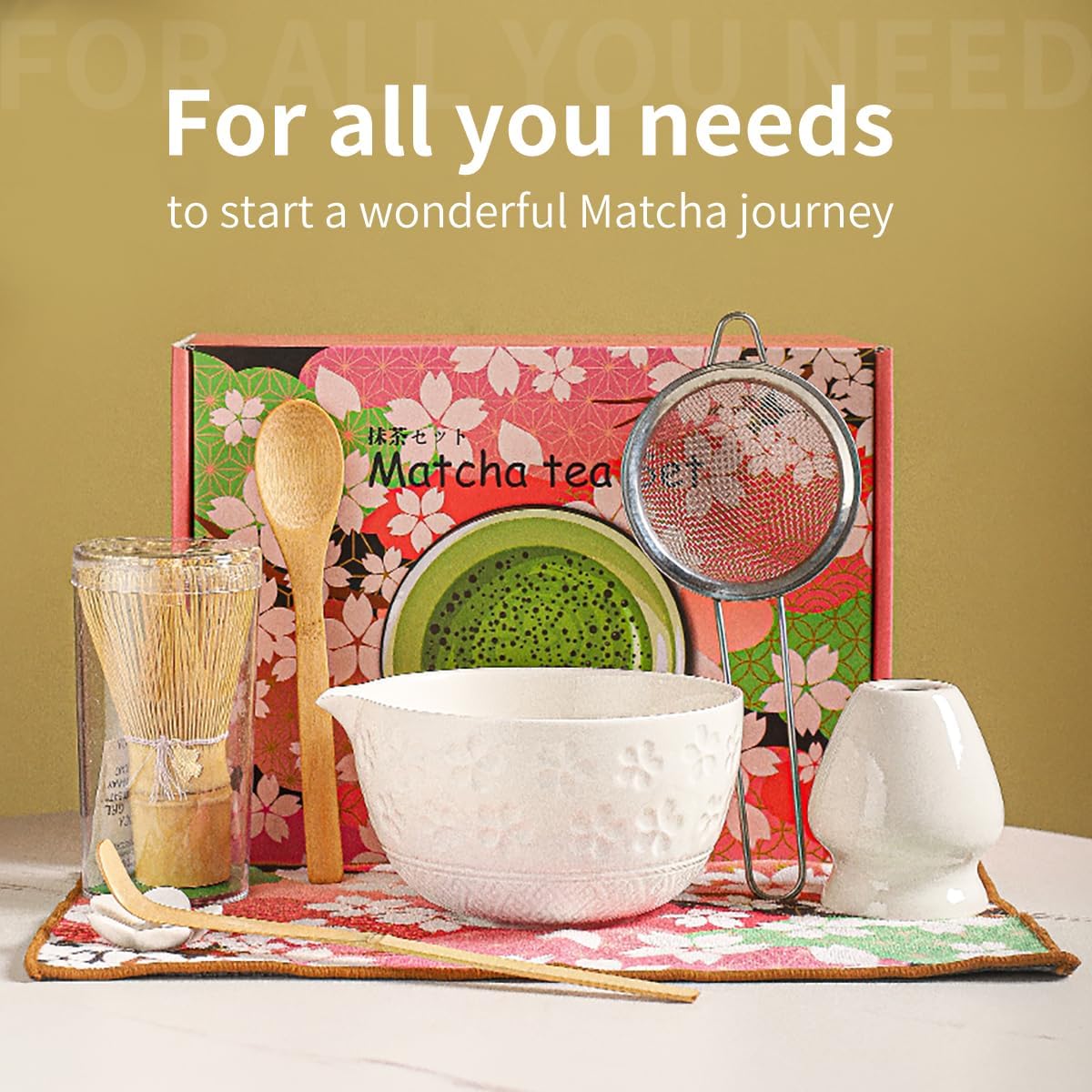 8-Piece Matcha Ceremony Set - Tea Kit with Cherry Blossom Bowl, Bamboo Whisk, Wood Scoops, Tea Cloth & Floral Display - Gift-Ready Pink Cherry color box (blue)
