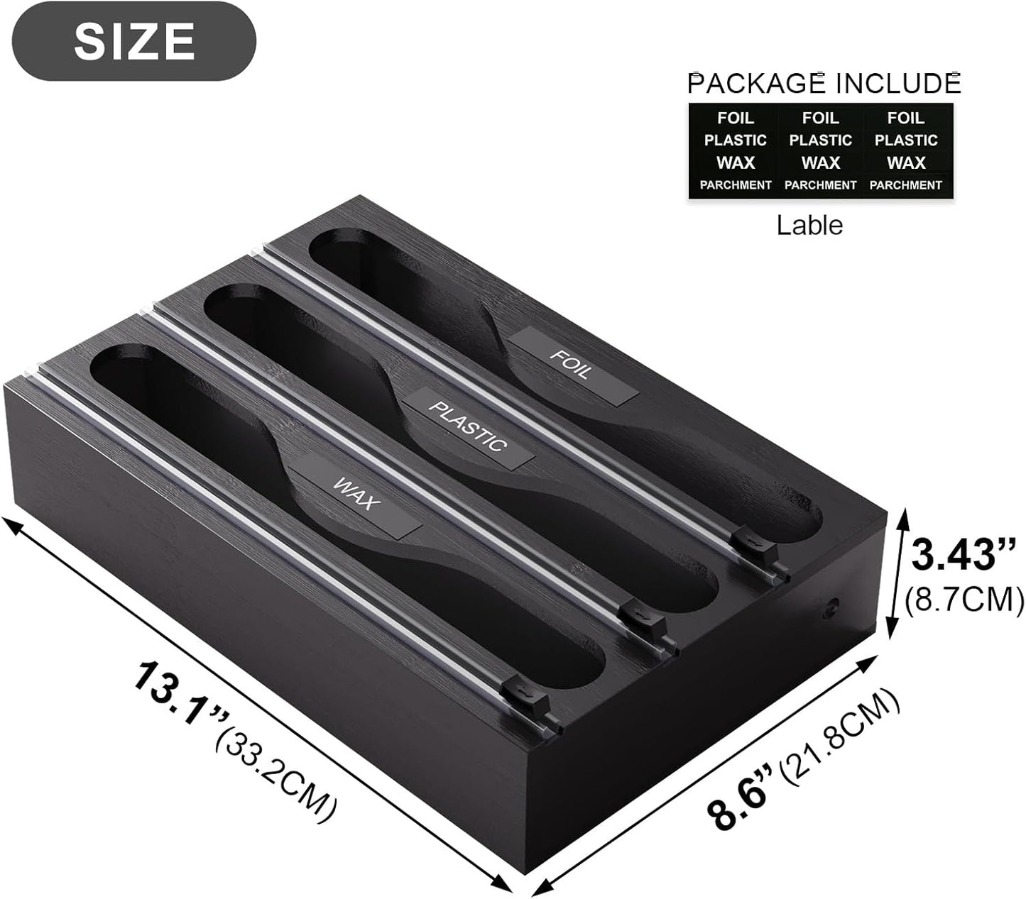 Wrap Dispenser with Cutter and Labels, Plastic Wrap Organizer For Kitchen,Bamboo 3-in-1 Wrap Dispensers for Cling Wrap Aluminum Foil and Wax,Storage Organization Holder（Brown）