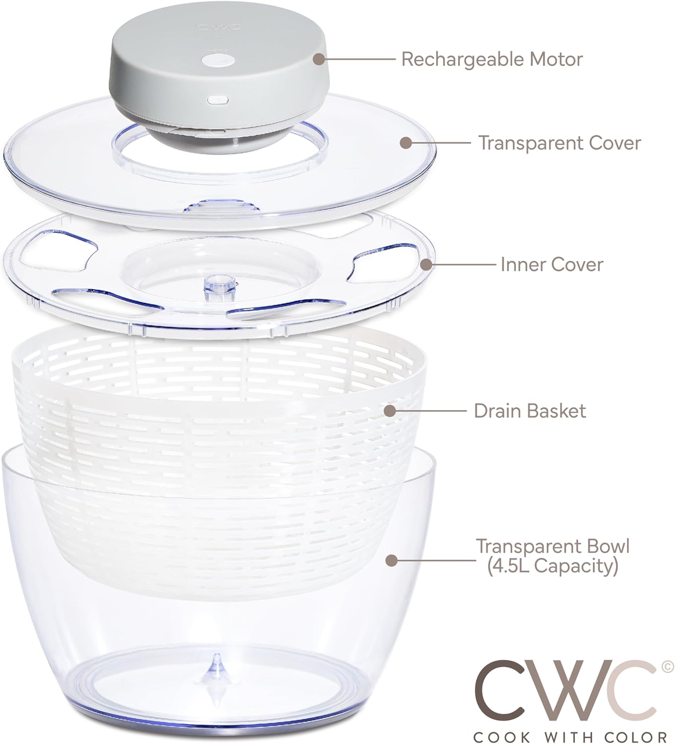 COOK WITH COLOR Electric Salad Spinner, Round 4.5L Capacity – Fast Drying & Easy Spin for Fresh Greens, Cream