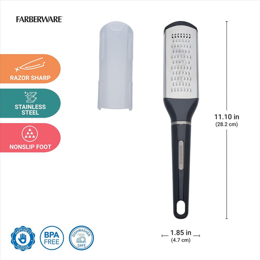 Farberware Professional Slim Zester and Grater – Stainless Steel Blade for Citrus, Ginger, Garlic, Cheese, and Herbs – Compact Design with Blade Cover, Dishwasher Safe